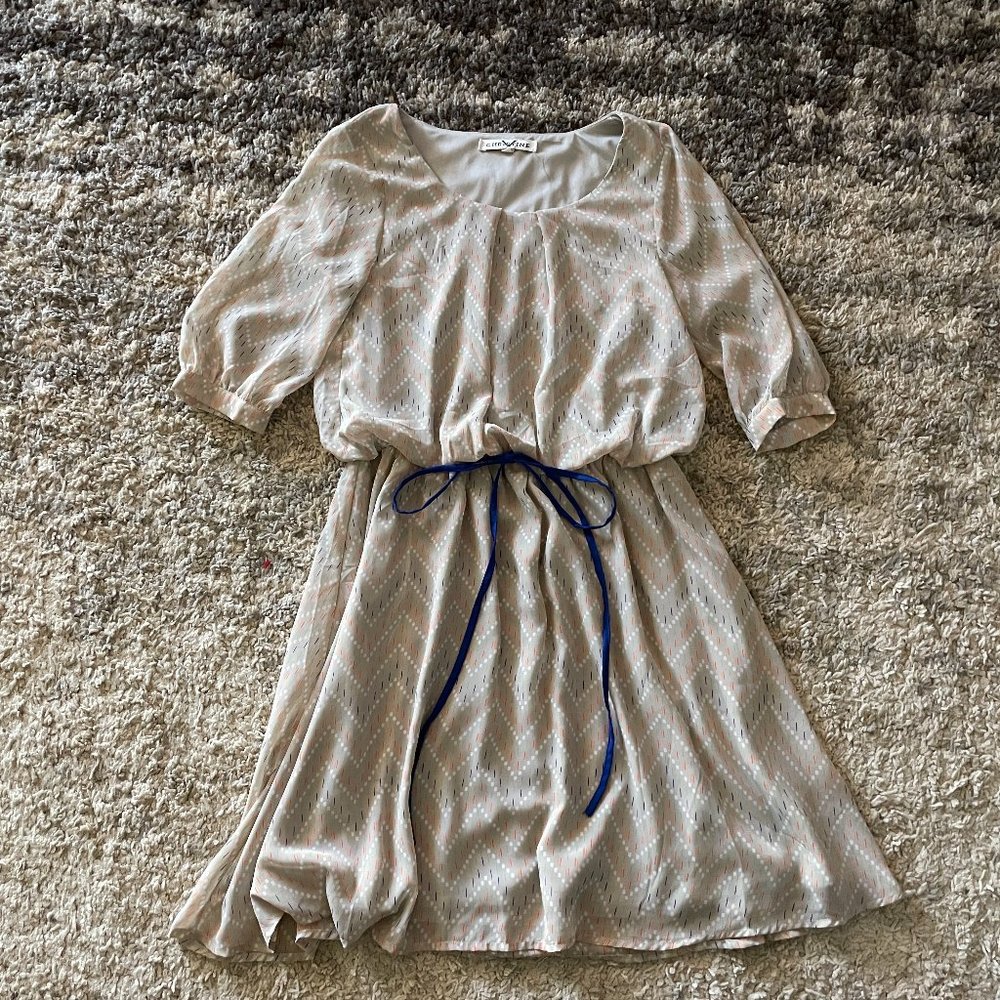 Tan Cream Chevron Polka Dot Blouson Sheer Dress Womans sz Small